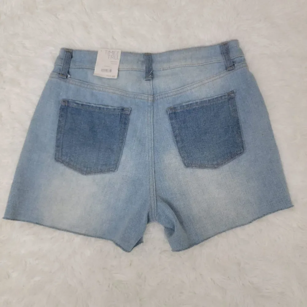 Time and Tru Denim Relaxed Fit High-Rise Patched Jean Short Light Wash